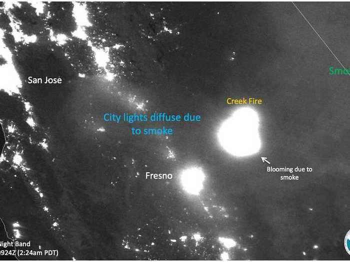 This satellite image of the Creek Fire near Fresno shows how the smoke causes light to "bloom," or scatter differently and spread more widely than it does ordinarily.