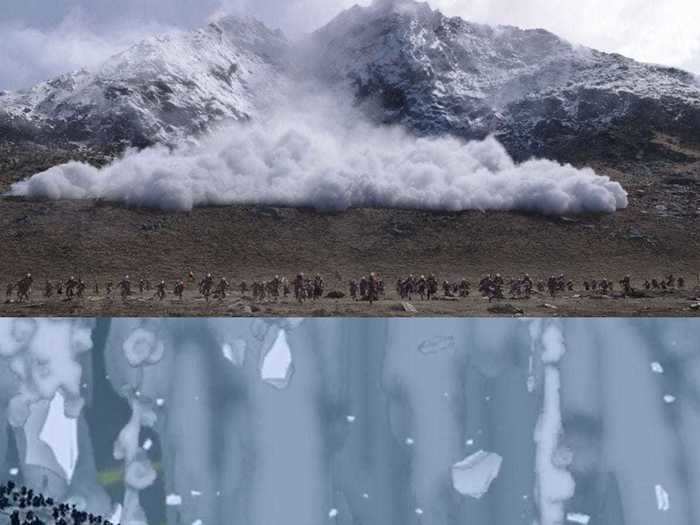 The avalanche sequence still occurs in both movies, just under different circumstances.