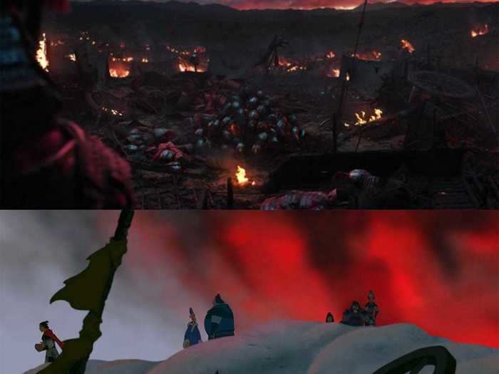 Similar moments of death and destruction are seen by Mulan