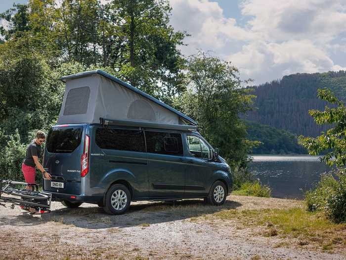 The roof of the van, which can hold a roof rack, is tilted, allowing Nugget to fit in locations with maximum height restrictions, according to Ford.