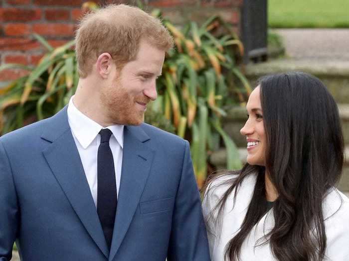 AGE 33: Prince Harry appears with then-fiancée Meghan Markle on the same day the couple announced their engagement to the world.