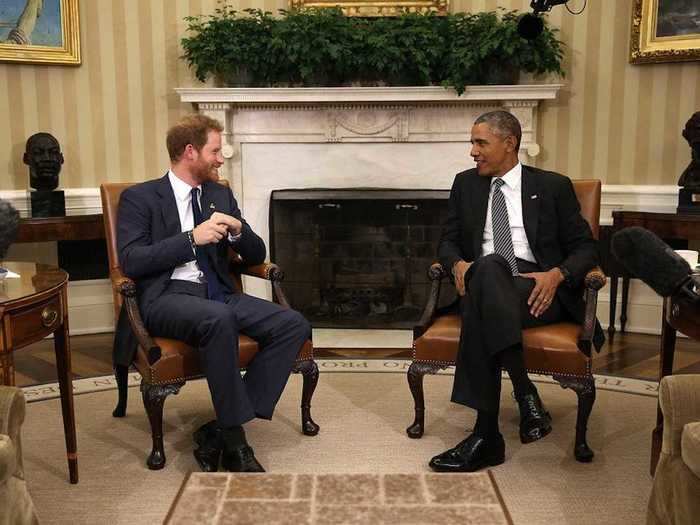 AGE 31: U.S. President Barack Obama meets with Prince Harry in the Oval Office of the White House on October 28, 2015 in Washington, DC.