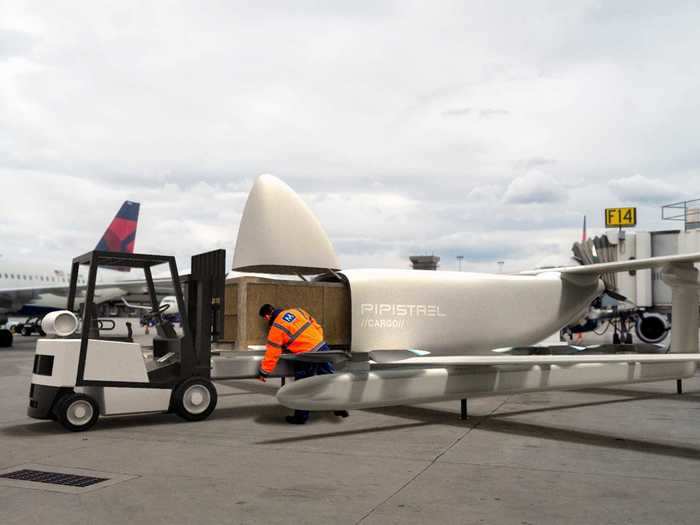 The cargo area — which is 106 square feet — can be loaded with a forklift through the nose of the fuselage.