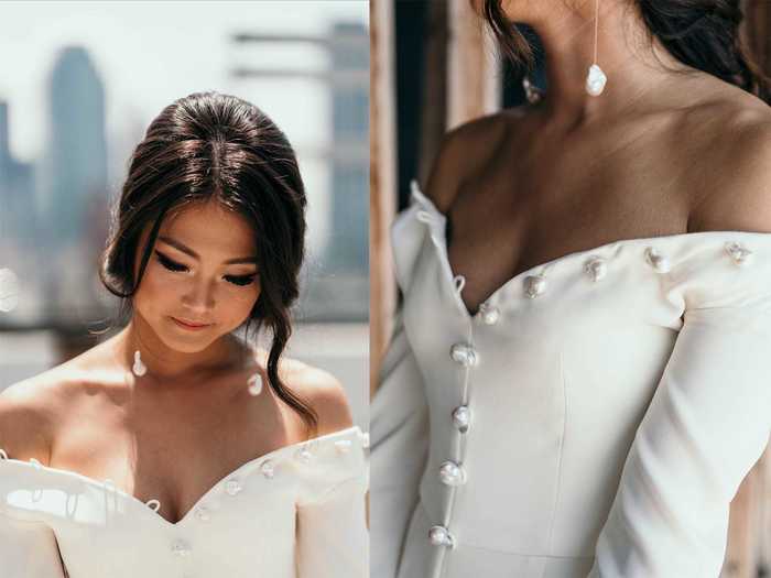 Kim paired her wedding day look with dangle pearl earrings.