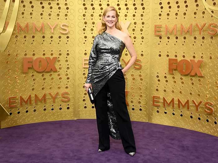 Linney went for a much bolder look in 2019, combining slacks with a one-shoulder silver top that wrapped around her like a dress. The four-time Emmy winner was nominated for outstanding lead actress in a drama series for "Ozark."