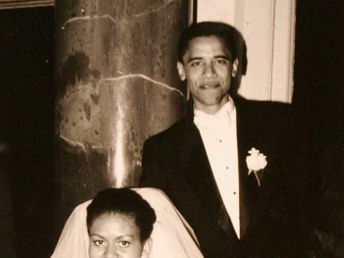 Michelle Robinson wore an off-the-shoulder gown when she married Barack Obama in 1992.