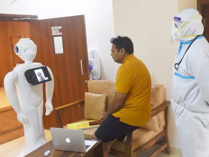 It has a tablet attached to its chest that allows hospitalised patients to see their loved ones.