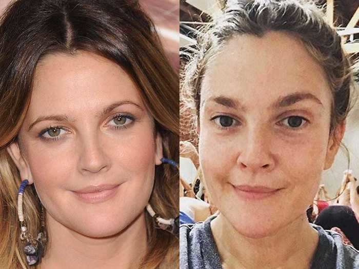 Drew Barrymore took her barefaced selfie while in the middle of exercising.