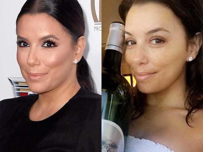 One month later, Eva Longoria ditched cosmetics to pose with a bottle of wine.