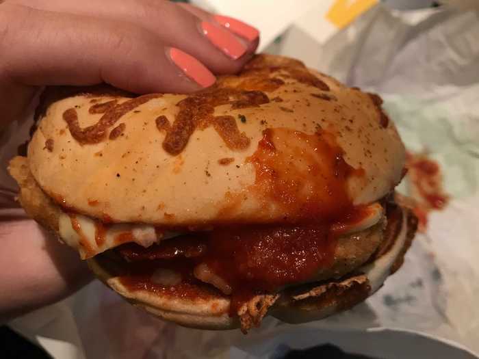 The chicken was tender, I loved the tomato sauce and the cheesy bread. It reminded me of a chicken parmigiana, only in a bun. The cheese could have been better melted and it was very squished, but otherwise, I loved it.