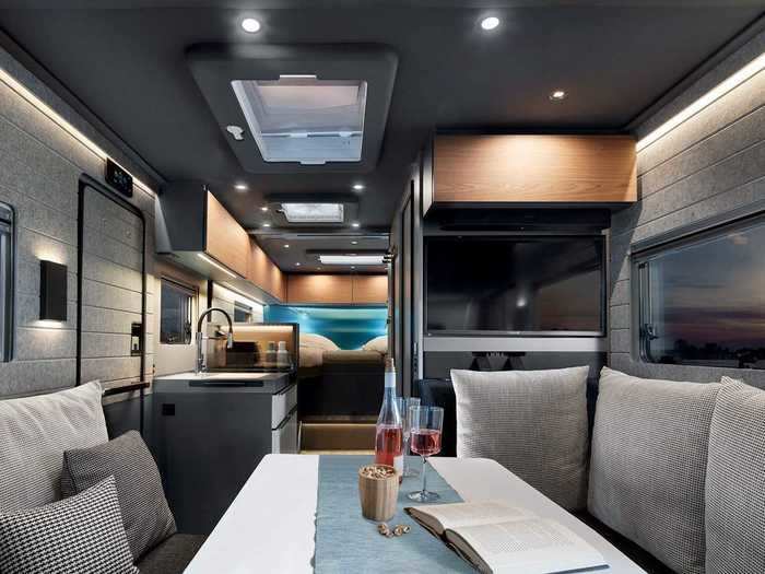 This shelf also serves as the additional divider between the main bedroom and the rest of the motorhome.