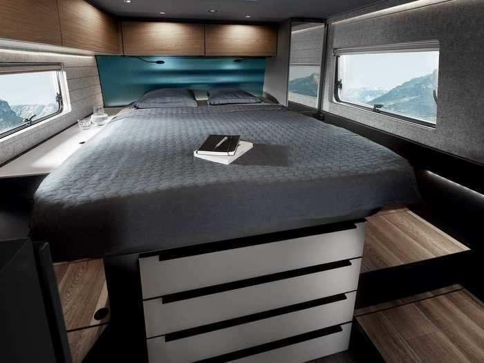 The main bedroom is located at the rear of the motorhome, and there are two bedroom options that differ on the bed space: clients can either opt to have one queen bed, or two smaller beds.