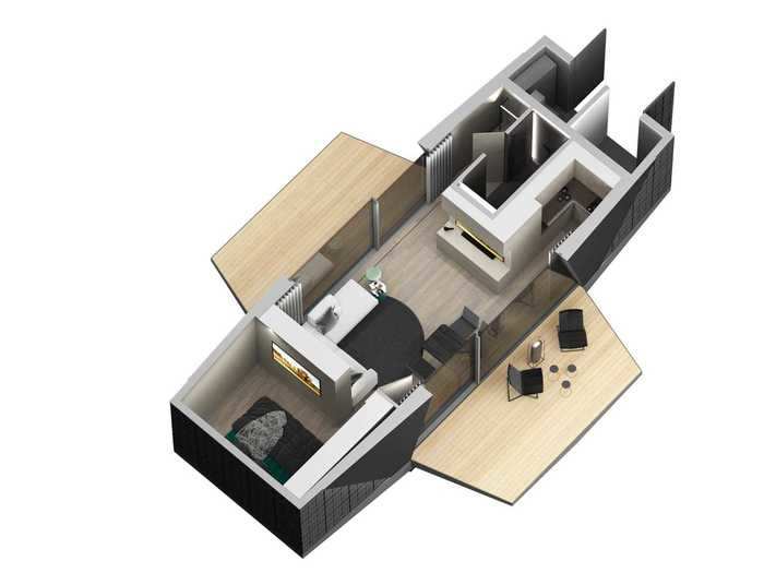 Inside, the house has a bedroom, living room, kitchen, and bathroom, plus two fold-out terraces.