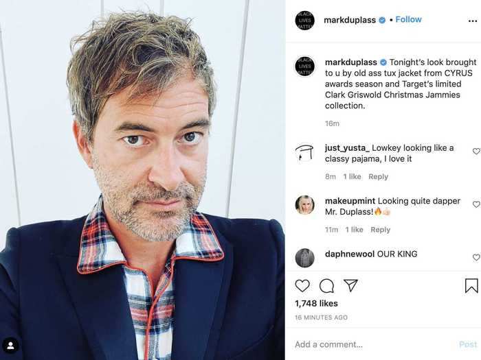 Mark Duplass, who stars in "The Morning Show," mixed a tuxedo jacket with pajamas.