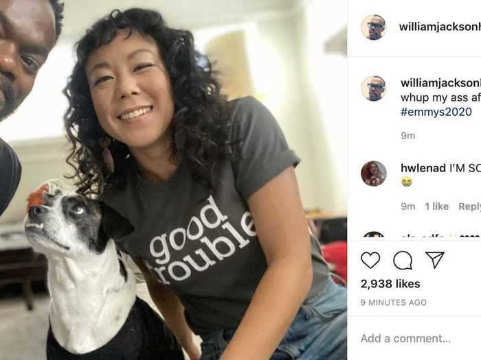 William Jackson Harper matched with his girlfriend Ali Ahn and their dog Chico for the 2020 Emmys.