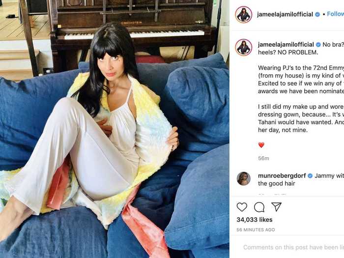 Jameela Jamil went for a casual yet glamorous look that included pajamas.