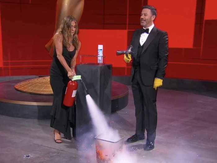 Jennifer Aniston and Jimmy Kimmel had a whole joke set up about lighting the award envelope on fire and then extinguishing it, but the fire kept blazing until someone off-camera yelled: 