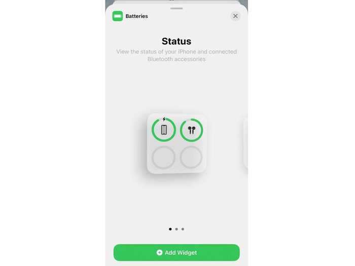 Selecting the batteries option, for example, brings up a sample of what the widget would look like in small, medium, or large. Scroll between the options, and if one looks good tap "Add Widget."