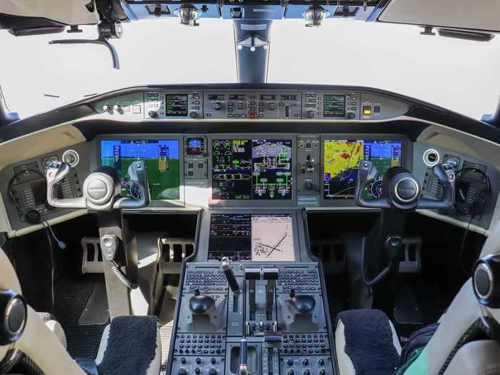 Four massive high definition screens feed pilots information with external sensors offering combined synthetic and infrared vision to see through the clouds.