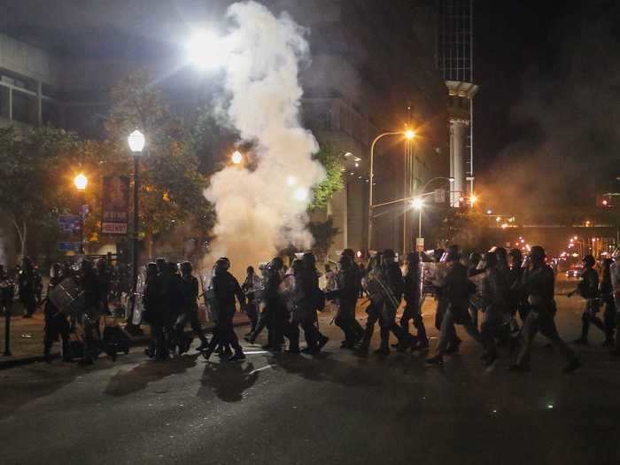 Riot police in the city used tear gas and stun grenades to clear protesters from Jefferson Square Park.