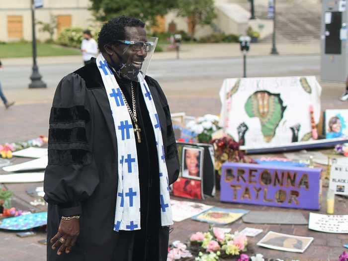 Rev. Raymond Johnson from Marion, South Carolina, spoke with people gathered in Jefferson Square Park.