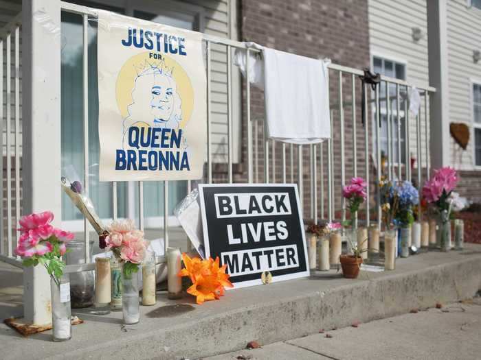 A memorial for Breonna Taylor is placed at the apartment where she was killed earlier this year in Louisville, Kentucky.