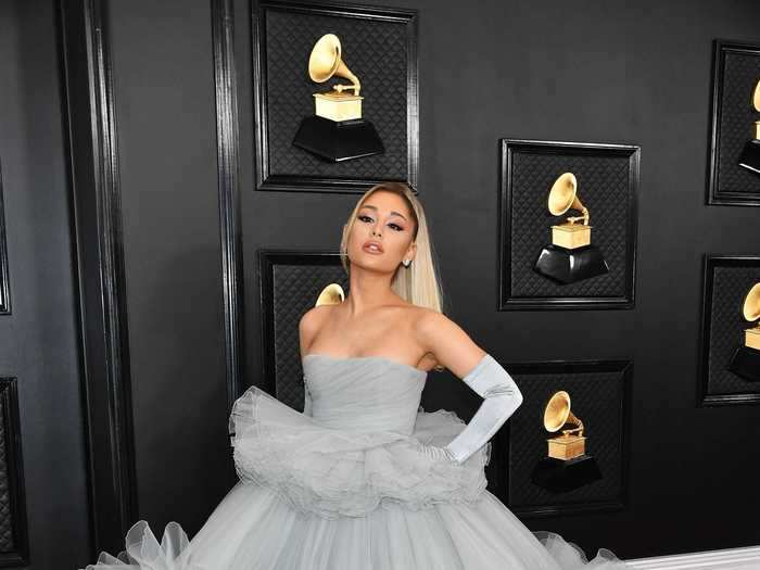 Before the pandemic shut down all red carpets, Ariana Grande wore a bold gray gown at the 2020 Grammys.