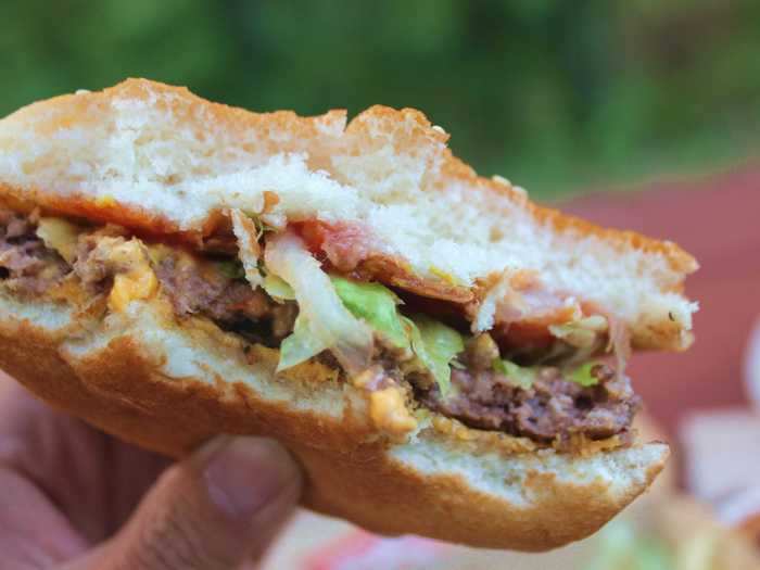 The patty was peppery and less greasy than other chain burgers. The cheese, ketchup, mustard, and pickles added flavor contrasts and textures that gave the whole thing a more complex taste.