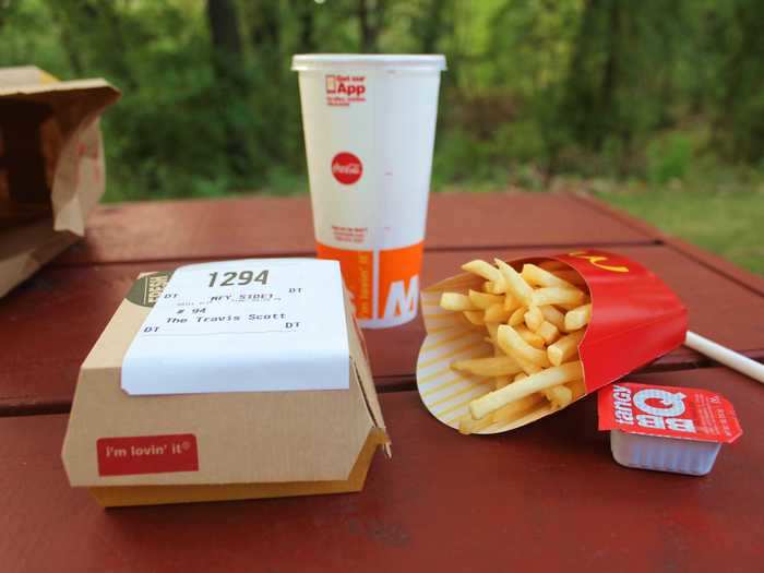 The meal also comes with a medium fry, barbecue sauce packet, and a Sprite that is supposed to be ordered with extra ice