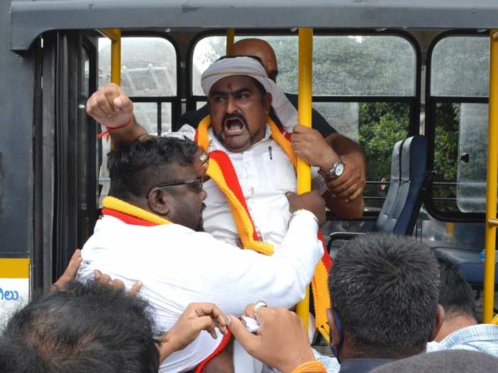 ​In Bengaluru, farmers and Karnataka Rakshana Vedike members, including its chief TA Narayana Gowda, took out a rally and tried to stop buses, after which some of them were arrested.