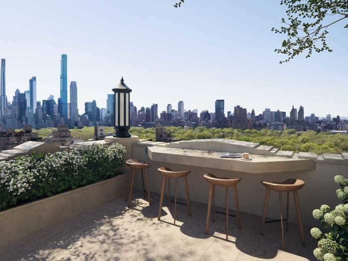 On the rooftop, an outdoor lounge with a fire pit and a built-in bar will overlook Central Park.