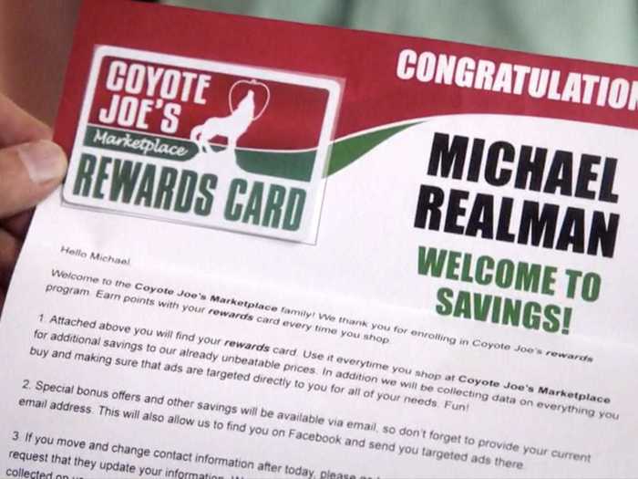 Michaels last name on Earth is "Realman," and his rewards card letter includes a joke about data collection for targeted ads.