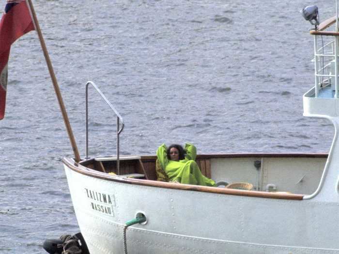 Actress Elizabeth Taylor on her yacht moored on the river Thames in 1969.