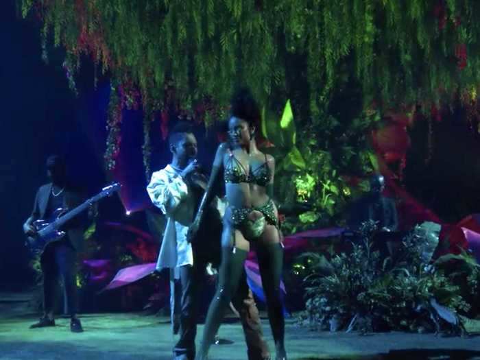 Miguel performed during the Garden of Eden segment of the show while his wife Nazanin Mandi modeled one of the looks.