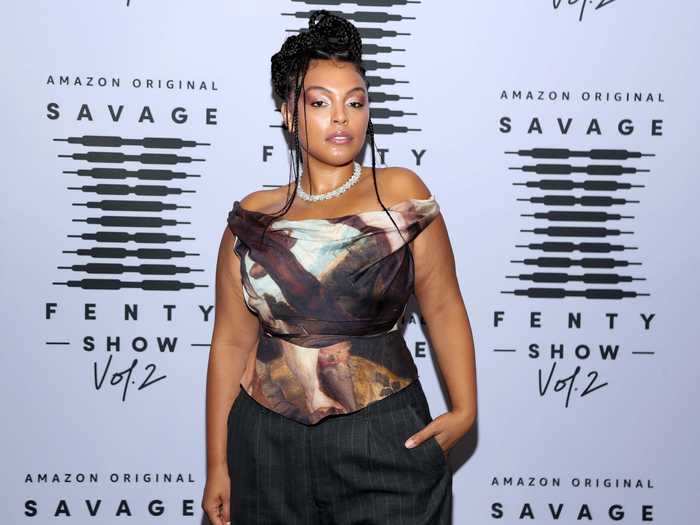 Paloma Elsesser looked fabulous in an off-the-shoulder top with striped pants.