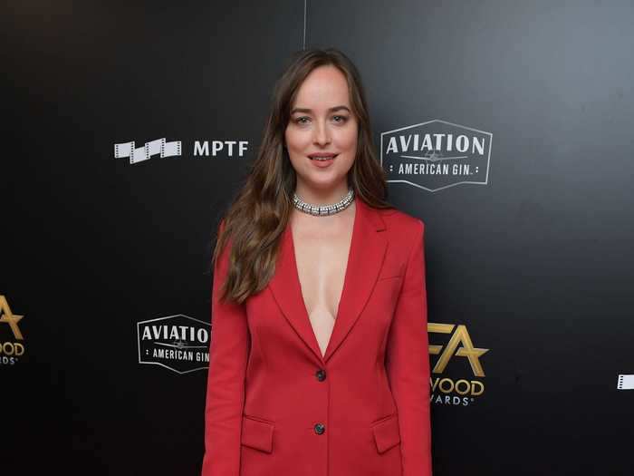 Johnson wore a stylish red pantsuit to the Hollywood Film Awards, held on November 5, 2017.