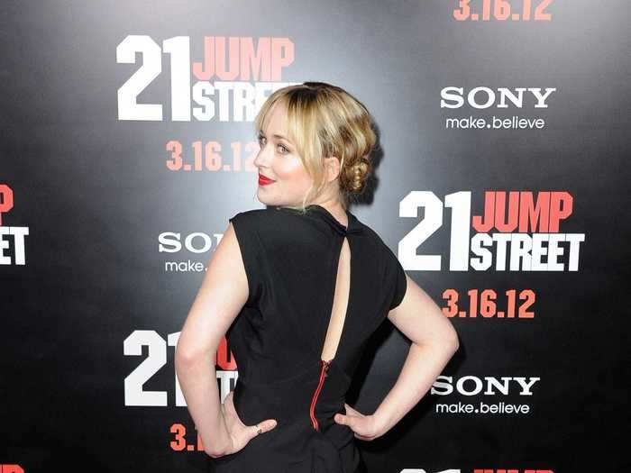 At the premiere of "21 Jump Street," Johnson wore a black dress, sheer tights, and black heels.