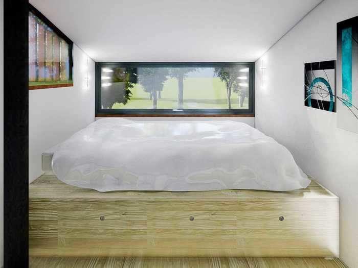 The lofted bedroom can fit a king bed with under-bed storage, allowing the unit to accommodate two people.