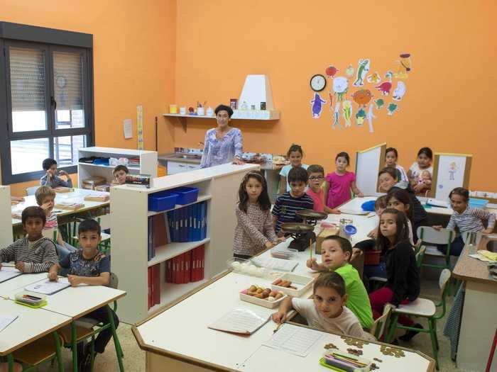 In the Basque fishing town of Bermeo, northern Spain, students learned in a colorful classroom with orange walls.