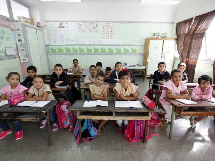 Students in Tunisia cross their arms to show that they