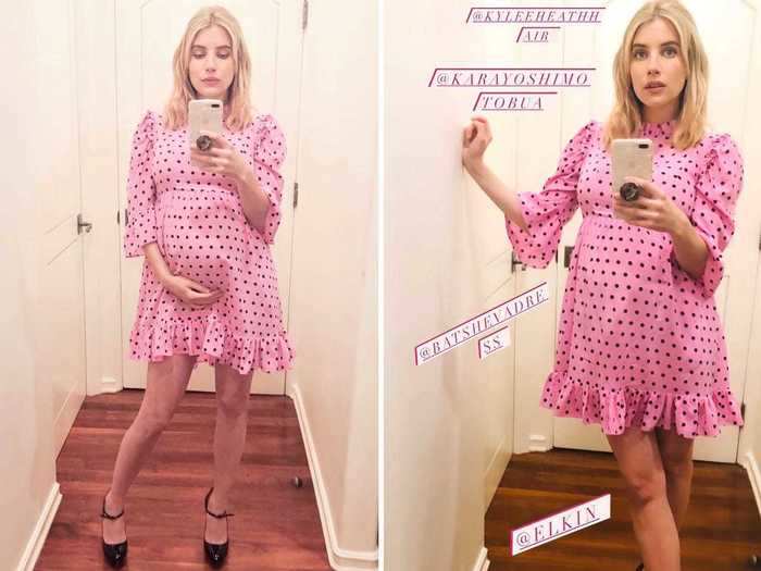 Arguably one of her best maternity looks includes a polka-dot minidress and platform heels.