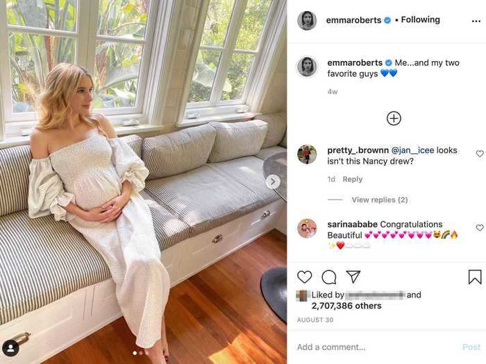 Emma Roberts confirmed her pregnancy in August with a photo of herself wearing a white, polka-dot nap dress.