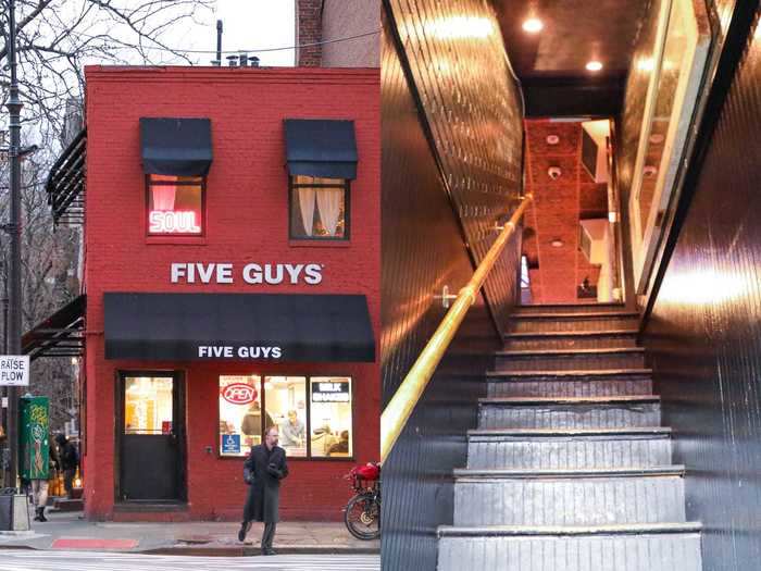 Customers have to walk into the Five Guys, head straight to the back, and climb a set of stairs across from the grills.