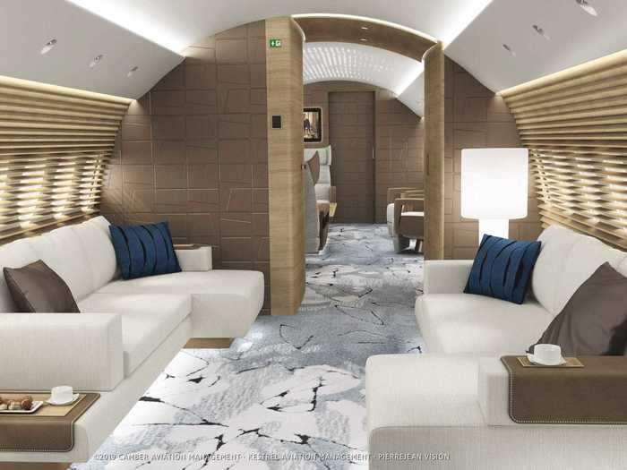 A trio of aircraft designers consisting of Kestrel Aviation Management, Camber Aviation Management, and Pierrejean Vision, unveiled their A220 private jet cabin concept in June.