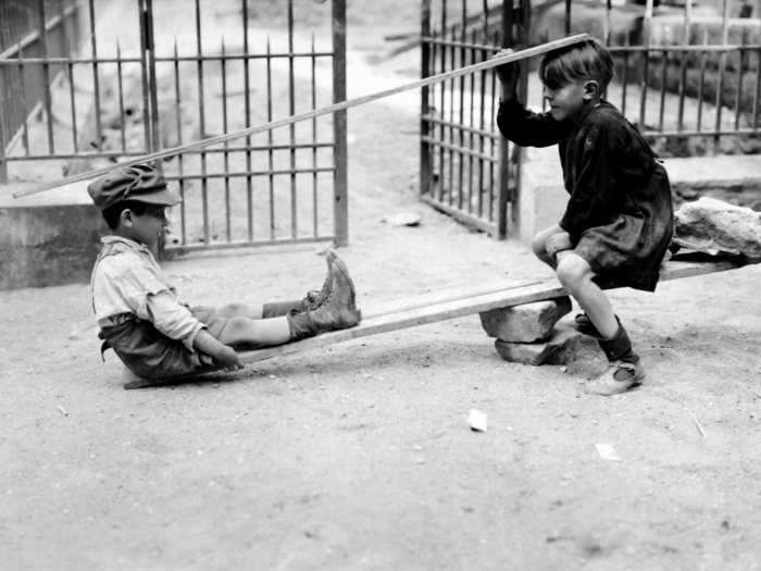 The children had their fun, too, often turning to makeshift playgrounds.