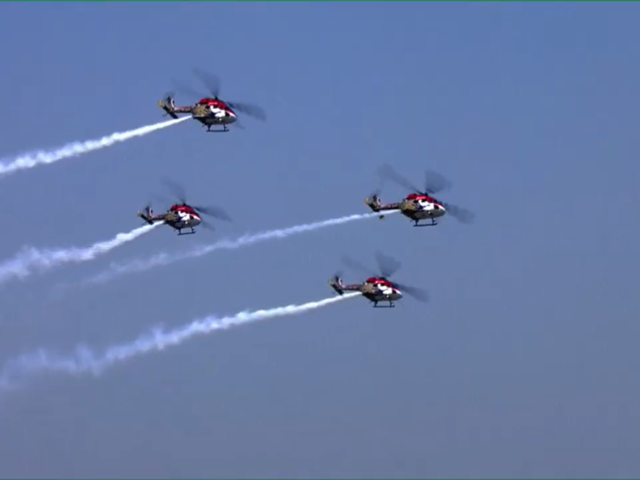 The air show was wrapped up by HAL’s Sarang helicopter display team.