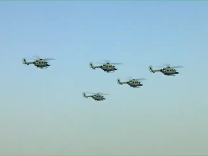 The indigenously produced attack helicopter, Advanced Light Helicopter (ALH) Rudra, was seen flying overhead. Rudra is capable of a wide range of missions, including reconnaissance, troop transport, anti-tank warfare, and close air support.