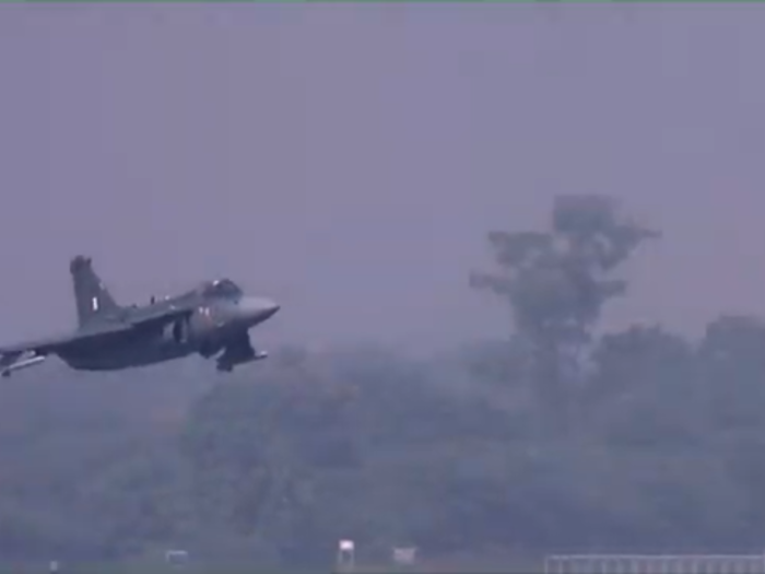 Next, India’s own Tejas fighter jet takes off to show its own set of maneuvers.