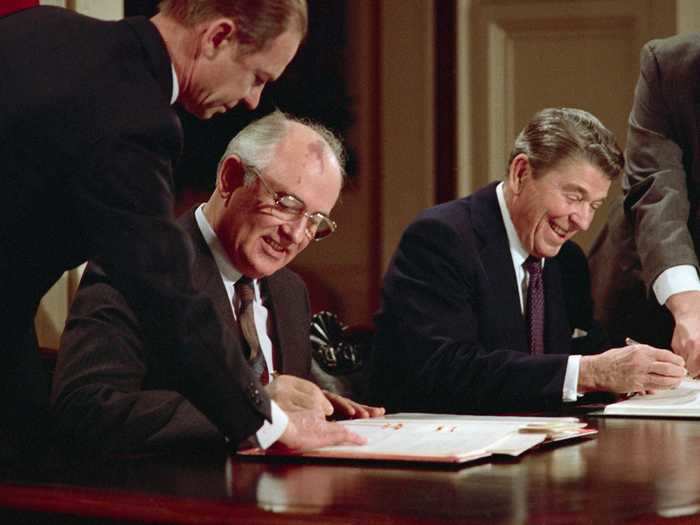 President Reagan and Soviet General Secretary Mikhail Gorbachev are pictured signing the Intermediate-Range Nuclear Forces Treaty in 1987.