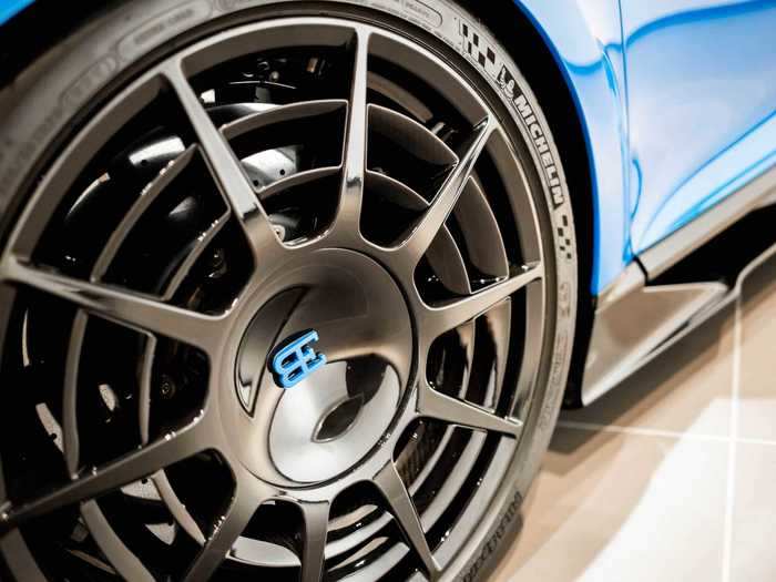 The wheels are made of lightweight magnesium and have a slight negative camber to them, which means they tilt inward, for improved cornering traction.